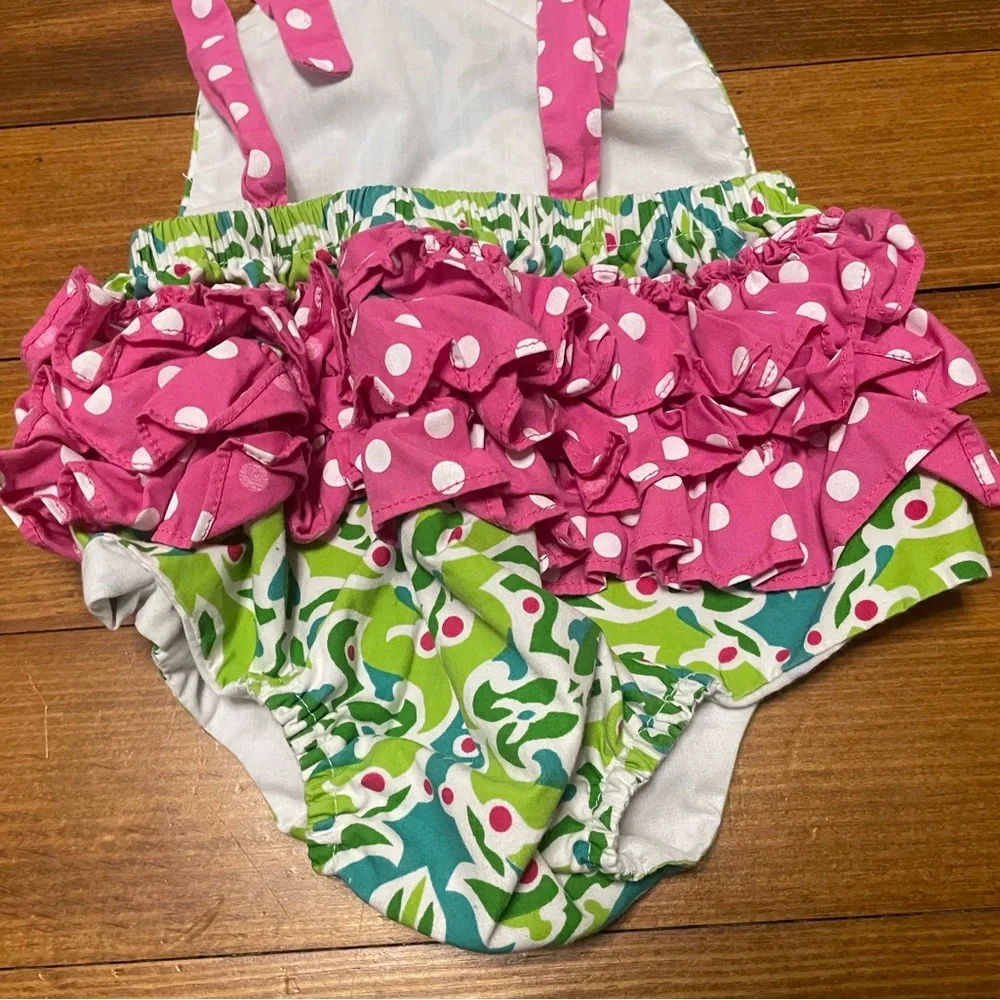 Velani Classics Pink Polka Dot Smocked Ruffle Bubble Romper Size 0-3 Months
